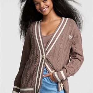 Victoria’s Secret PINK Collegiate Cable Knit Oversized Cardigan-Iced Coffee